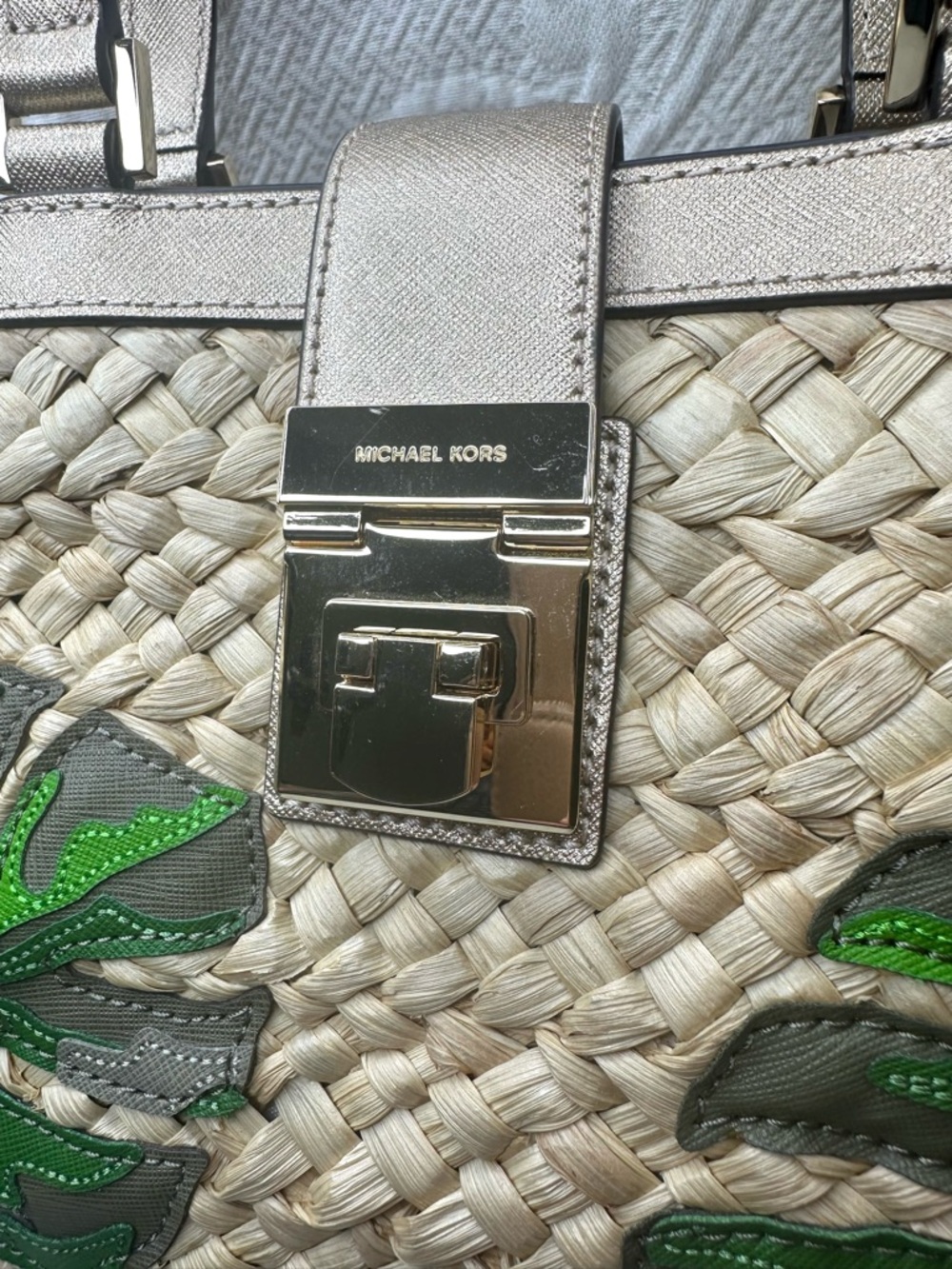 Michael Kors Cecelia Straw Tote with Green Leaf Appliqués and Gold Leather Trim - Picture 2 of 16